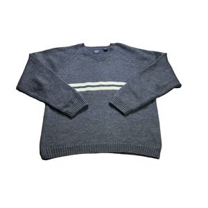 GAP Sweater XXL 2XL Gray Mens Striped Casual Wool V Neck Outdoors Long Sleeve